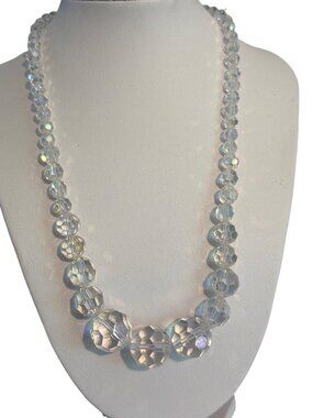 Vintage Clear Crystal AB Bead Necklace Graduated Silver Tone Adj 20" Estate